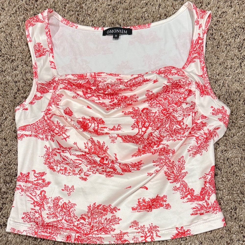 Women's Red and White Printed Top
